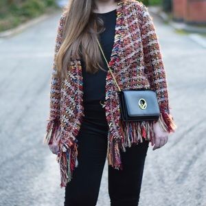 Zara Red Frayed Tweed Jacket with Fringe Detail XS
